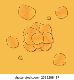 An illustration of crispy potato chips scattered on a yellow background. The chips are golden-brown with seasoning dots, drawn in a cartoon style with simple shading, giving a playful look