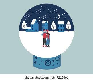 illustration of cristal ball in winter, couple, building, snow