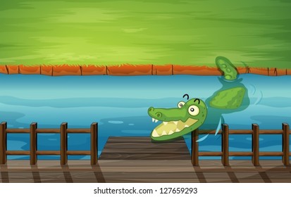 Illustration of a crocodile and a bench in a river