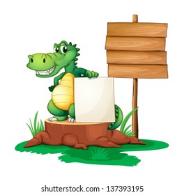 Illustration of a crocodile beside the empty signages on a white background