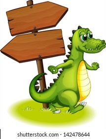 Illustration of a crocodile beside the wooden empty arrowboard on a white background