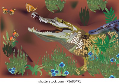 illustration with crocodile and butterflies