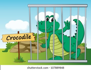 illustration of a crocodile in cage and wooden board