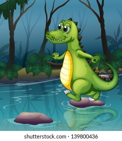 Illustration of a crocodile crossing the pond