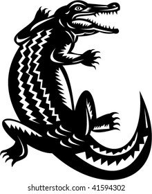 illustration of a crocodile done in retro woodcut style.