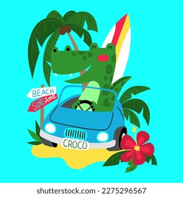  Illustration eines Krokodils, der mit seinem Surfbrett im Kofferraum einen Cabrio zum Strand führt, Design für T-Shirt
