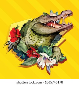 Illustration of crocodile with flowers and leaf around. Isolated artwork for print and other desing purpose. Vintage style, hand drawn. Vector- stock.