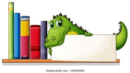 Illustration of a crocodile holding an empty board above the wooden shelf with books on a white background