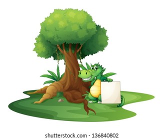 Ilustración de un cocodrilo que sostiene una señalización vacía debajo del árbol sobre un fondo blanco