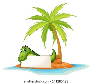 Illustration of a crocodile holding an empty signboard in a small island on a white background