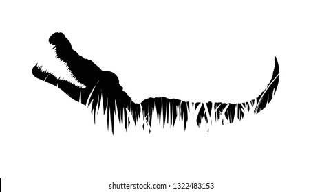 Illustration of crocodile icon in the grass. Vector silhouette on white background. Symbol of alligator.