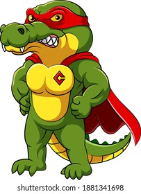 The illustration of the crocodile with muscular body wearing red super heroes costume