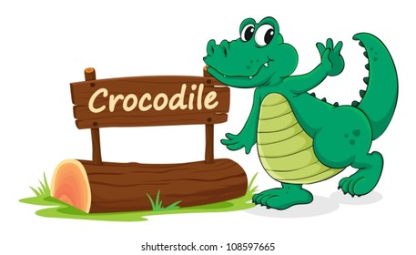 illustration of crocodile and name plate on a white