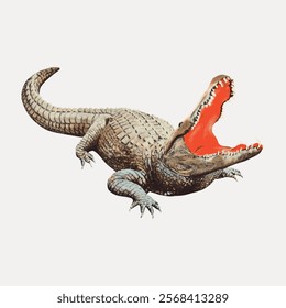 Illustration of a crocodile with an open mouth. The crocodile's mouth is highlighted in red. The crocodile is depicted in a realistic style. Vintage art drawing illustration, old painting vector.