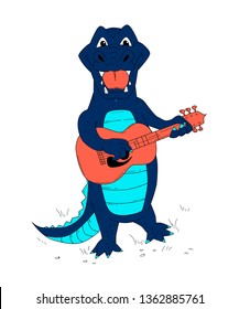 Illustration of a crocodile playing on guitar. Happy alligator print for t shirt design.
