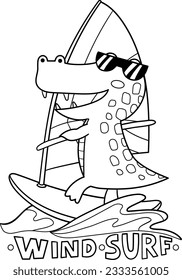 Illustration of a crocodile practicing wind surfing, design for t-shirt