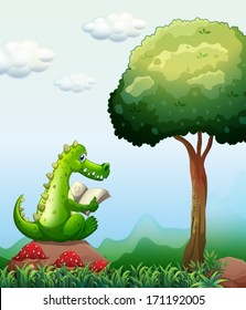 Illustration of a crocodile reading above the rock near the tree