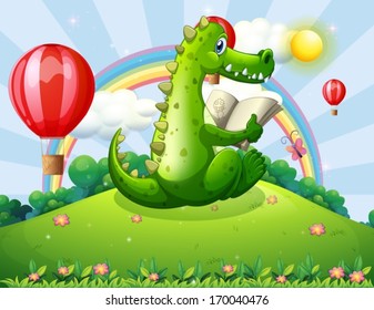 Illustration of a crocodile reading at the hilltop with a rainbow