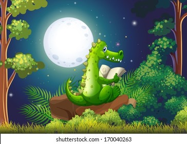 Illustration of a crocodile reading in the middle of the forest
