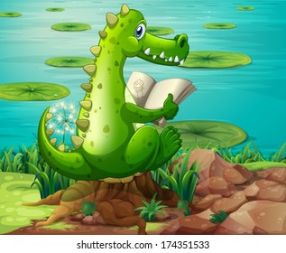 Illustration of a crocodile reading near the pond