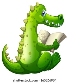 Illustration of a crocodile reading on a white background