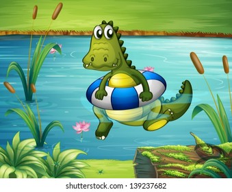 Illustration of a crocodile at the river with a buoy