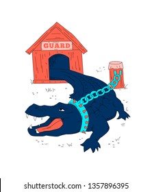 Illustration of a crocodile in a role of a dog on a leash. Print for t shirt design.