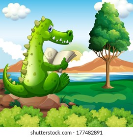 Illustration of a crocodile sitting above the rock while reading near the river