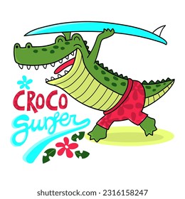 Illustration of a crocodile with a surfboard ready to surf, design for t-shirt