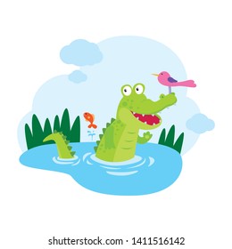 Illustration of crocodile in swamps with bird and fish, Smiling green alligator with friends, Cute wildlife.