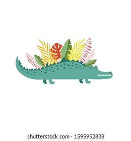 Illustration with a crocodile and tropical leaves. Vector pattern with alligator and palm leaves, monsters.