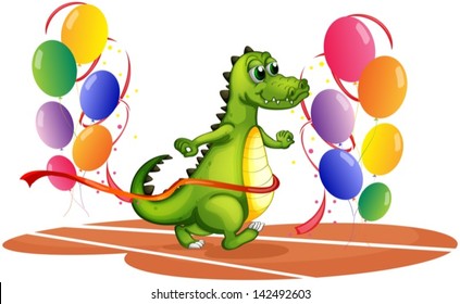 Illustration of a crocodile walking between balloons on a white background