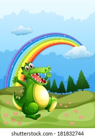 Illustration of a crocodile walking and a rainbow in the sky