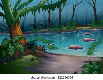 Illustration of crocodiles in a river in the jungle