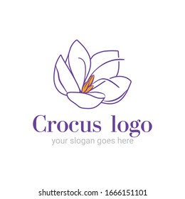 Ilustración de flor de croco. Logotipo creativo. emblema florista. Plantilla de logo vectorial para floristería, salón Spa, boutique floral. EPS10.