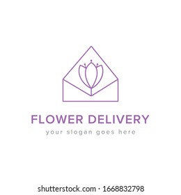 Illustration of crocus flower in the envelope. Creative floral logotype. Vector logo template for flower delivery. EPS10.