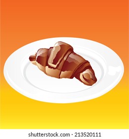 Illustration of croissant on a plate with orange background.