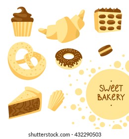 Illustration with croissant, pretzel, muffin, madeleine, macaroons, piece of cake, donut