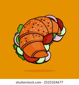 illustration of croissant sandwich with vegetable, tomato, cucumber, onion, slice ham and black sesame seed topping in line art style. Can be used for restaurants, cafes, local street food, cookbook