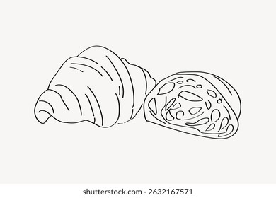 Illustration of a croissant. Simple croissant drawing. Black and white sketch. Detailed croissant texture. Croissant line art. Line art illustration vector.