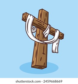 An illustration of a cross adorned with white cloth, symbolizing the resurrection and sacrifice of Christ. Suitable for religious, Easter, or spiritual content.