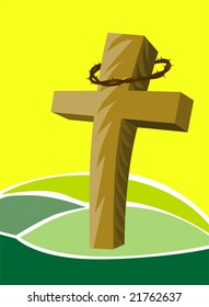 Illustration of cross in an blue hill background	