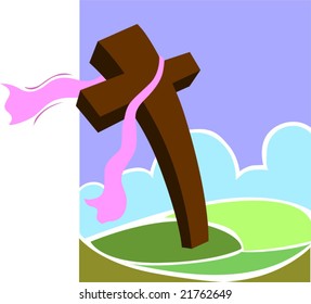 Illustration of cross in an blue hill background	