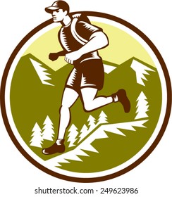 Illustration of a cross country runner running viewed from the side set inside circle with mountains and trees in the background done in retro style.