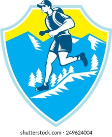 Illustration of a cross country runner running viewed from the side set inside shield crest with mountains and trees in the background done in retro style.