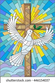 Illustration with a cross and a dove in the stained glass style