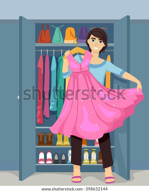 Illustration of a Cross Dressing Teenage Guy Trying a\
Dress On