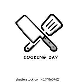 illustration of cross knife and spatula. catering and restaurant label logo.