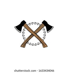 Illustration cross lumberjack with blade wood tool vintage silhouette logo vector design