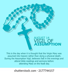 Illustration of a cross necklace with bold text and sentences on light blue background to commemorate Vigil of Assumption Day August 14